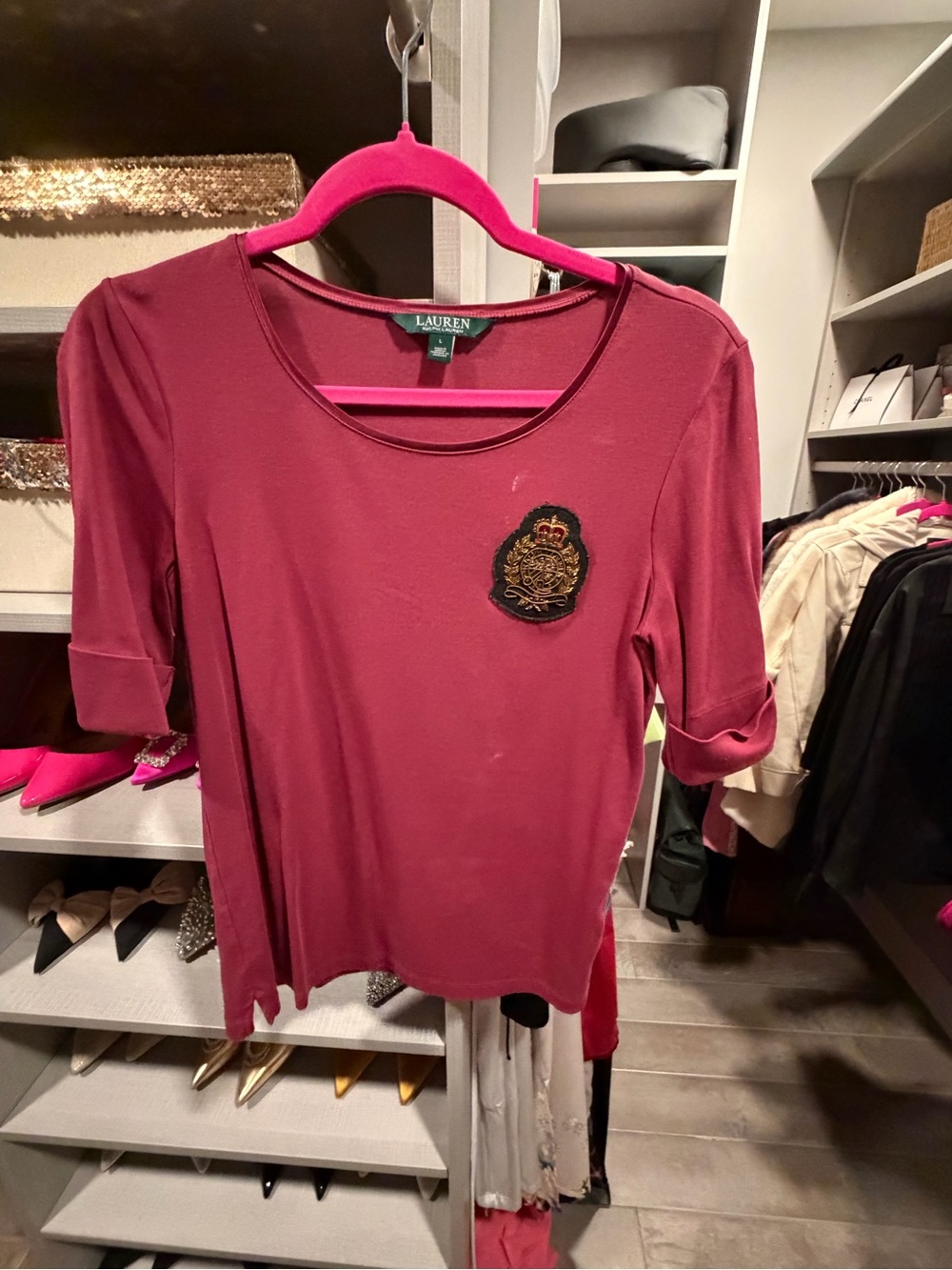 Lauren Ralph Lauren Wine Short Sleeve Tee with Embroidered Crest